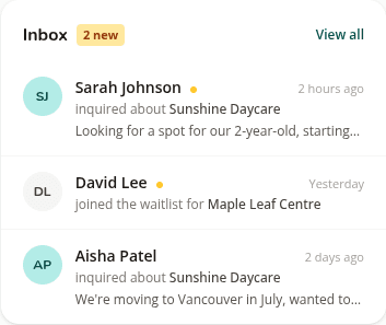Inbox preview with three inquiries, two marked unread