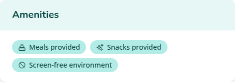 Amenities row showing badges for Meals provided, Snacks provided, and Screen-free environment
