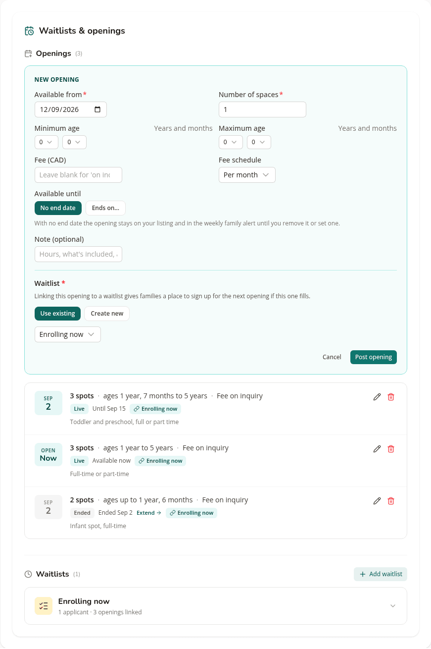The opening form with Available from and the No end date choice