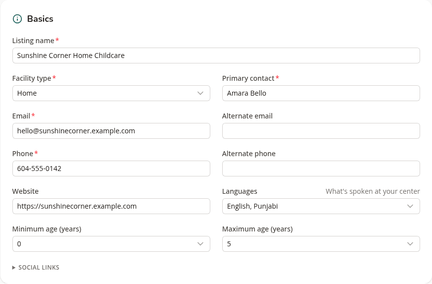 The Basics section of the listing form