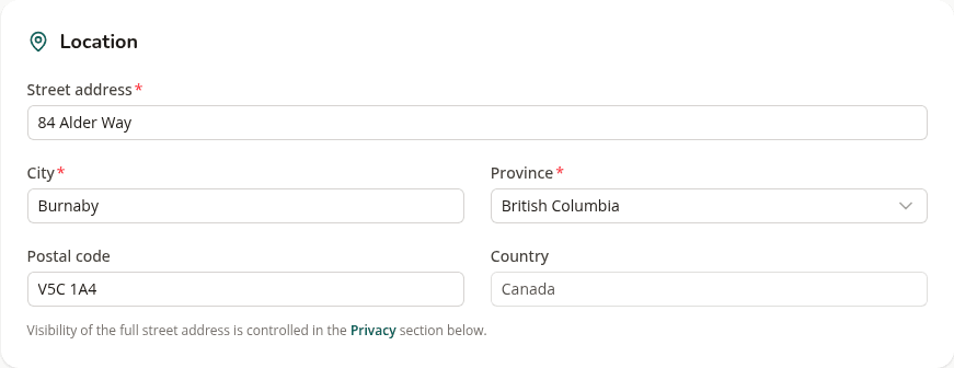 The Location section of the listing form