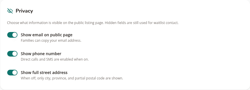 The Privacy section