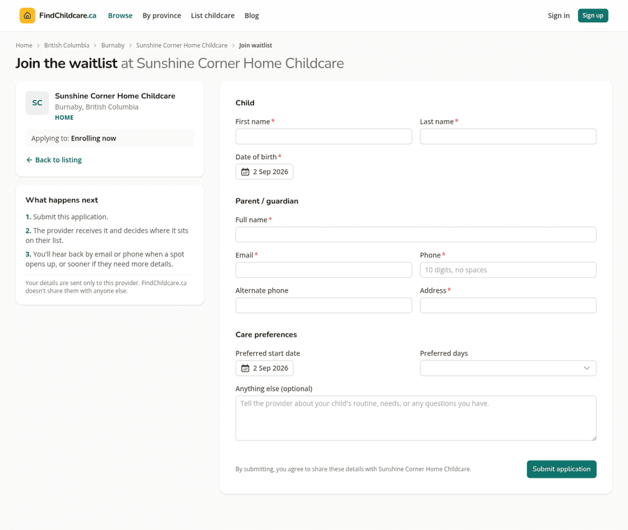 The waitlist application form as a family sees it