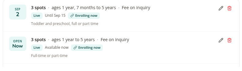 Two openings in the FindChildcare.ca dashboard, one live until a date and one marked Open Now with no end date