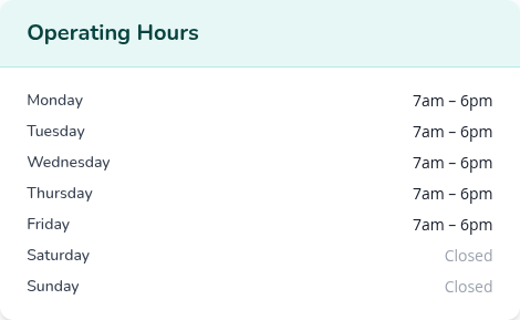 Operating Hours card on a FindChildcare.ca listing showing weekday open and close times with weekends marked closed
